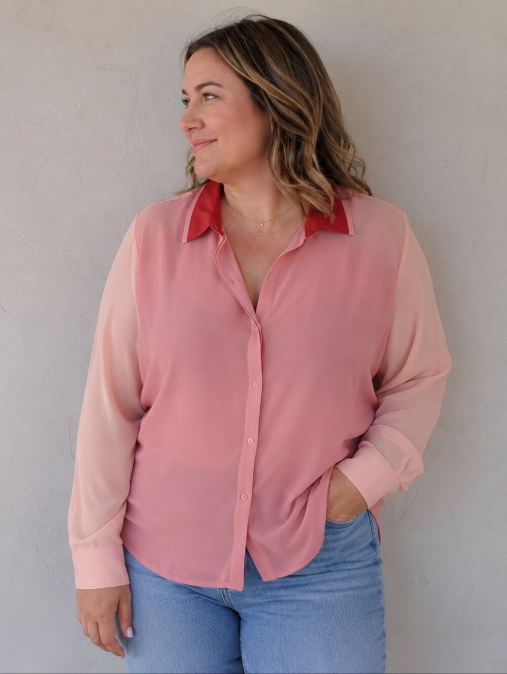 Jones New York Two-Tone Pink Button-Front Blouse with Red Collar
